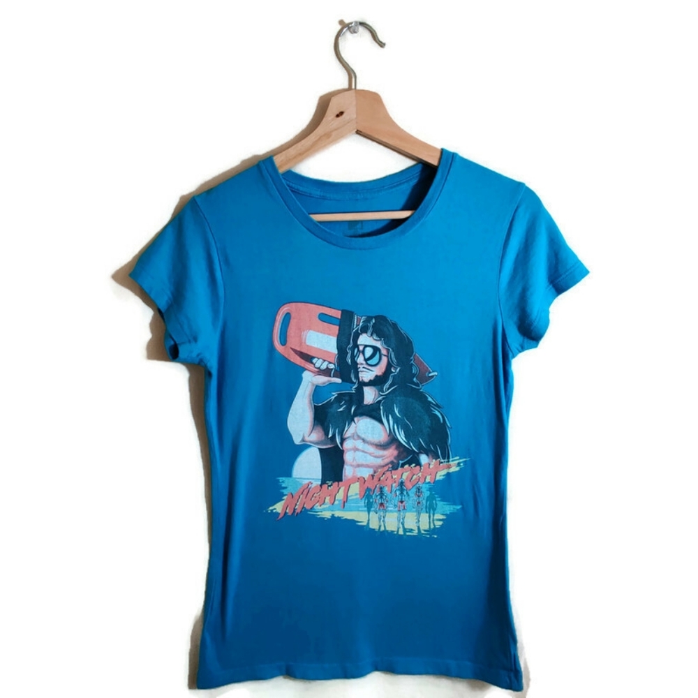 TEEFURY Women's Blue Multicolor Gamer "Night Watch" Graphic Short Sleeve Tee S